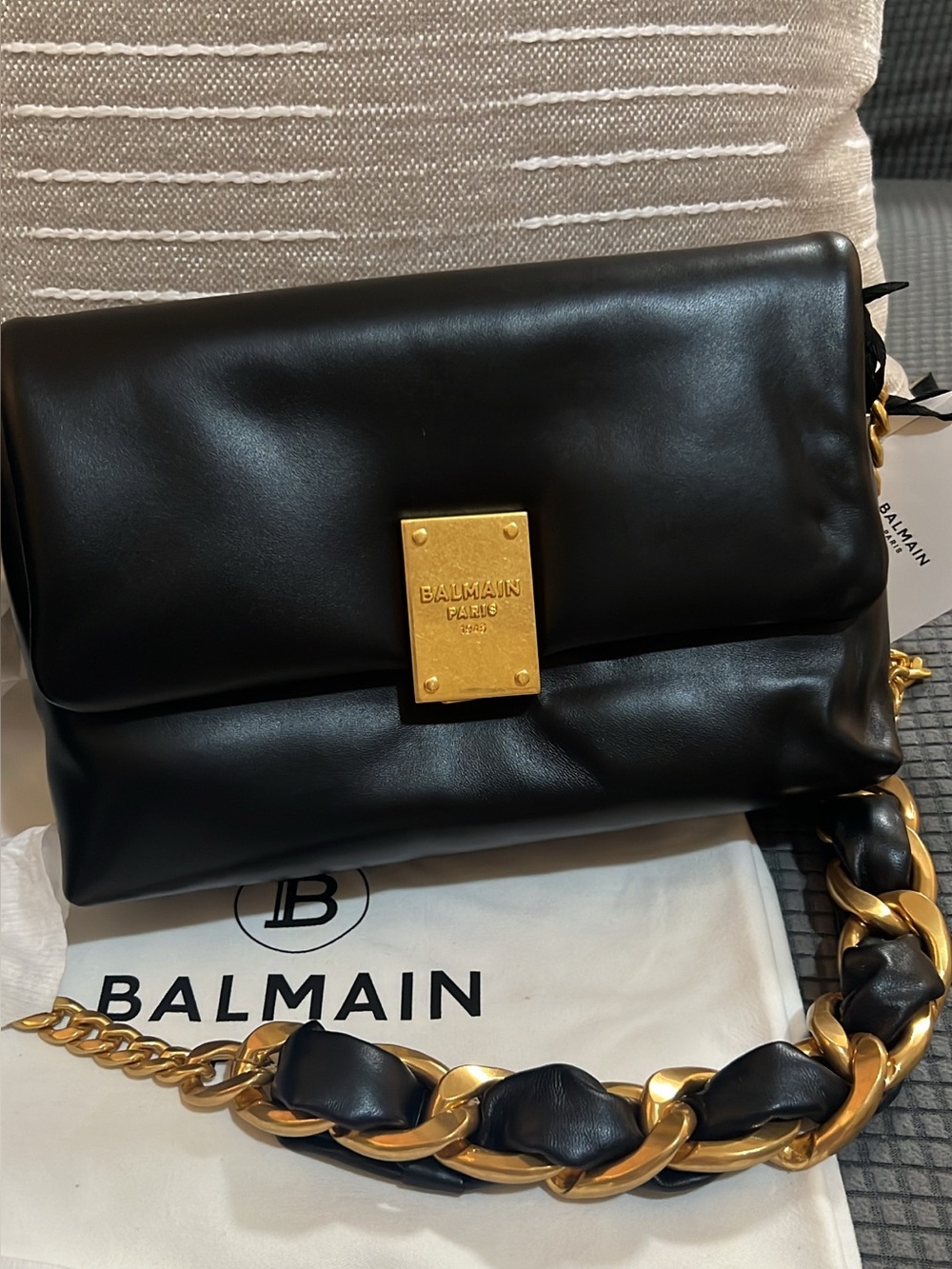 Balmain Black Leather Bag with Gold Logo Plate